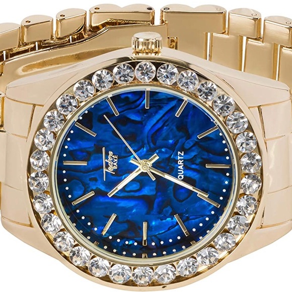 Gold Iced Out Marble Dial Watch w/Solitaire Bezel - Picture 7 of 8